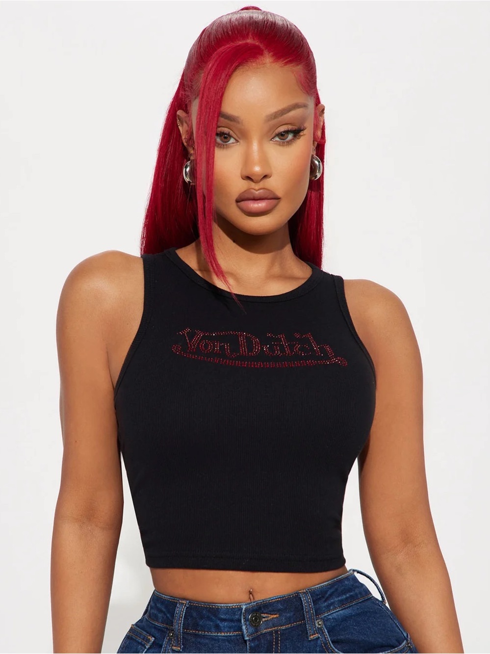 Von Dutch Black Ribbed Crop Tank with Red Rhinestone Logo